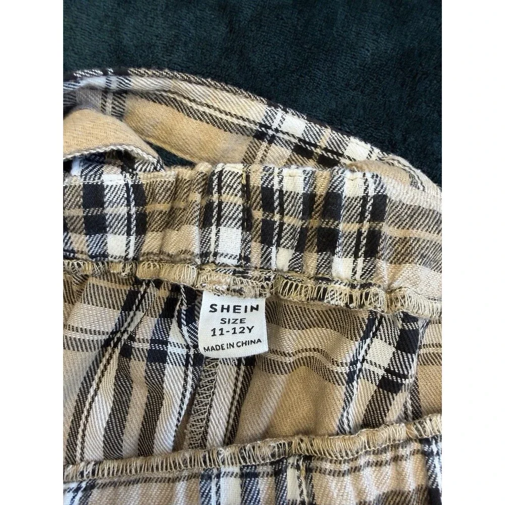 SHEIN Girls Plaid Overall Romper Shorts Beige Black Size 11-12Y